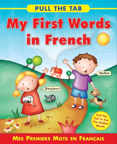 Children's book cover, "My First Words in French," with illustrated scene.