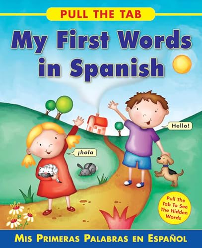 Children’s book cover, “My First Words in Spanish,” with illustrated scene.