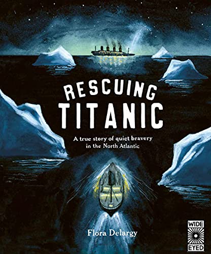 Book cover illustration showing a small boat navigating icy waters toward the distant Titanic.