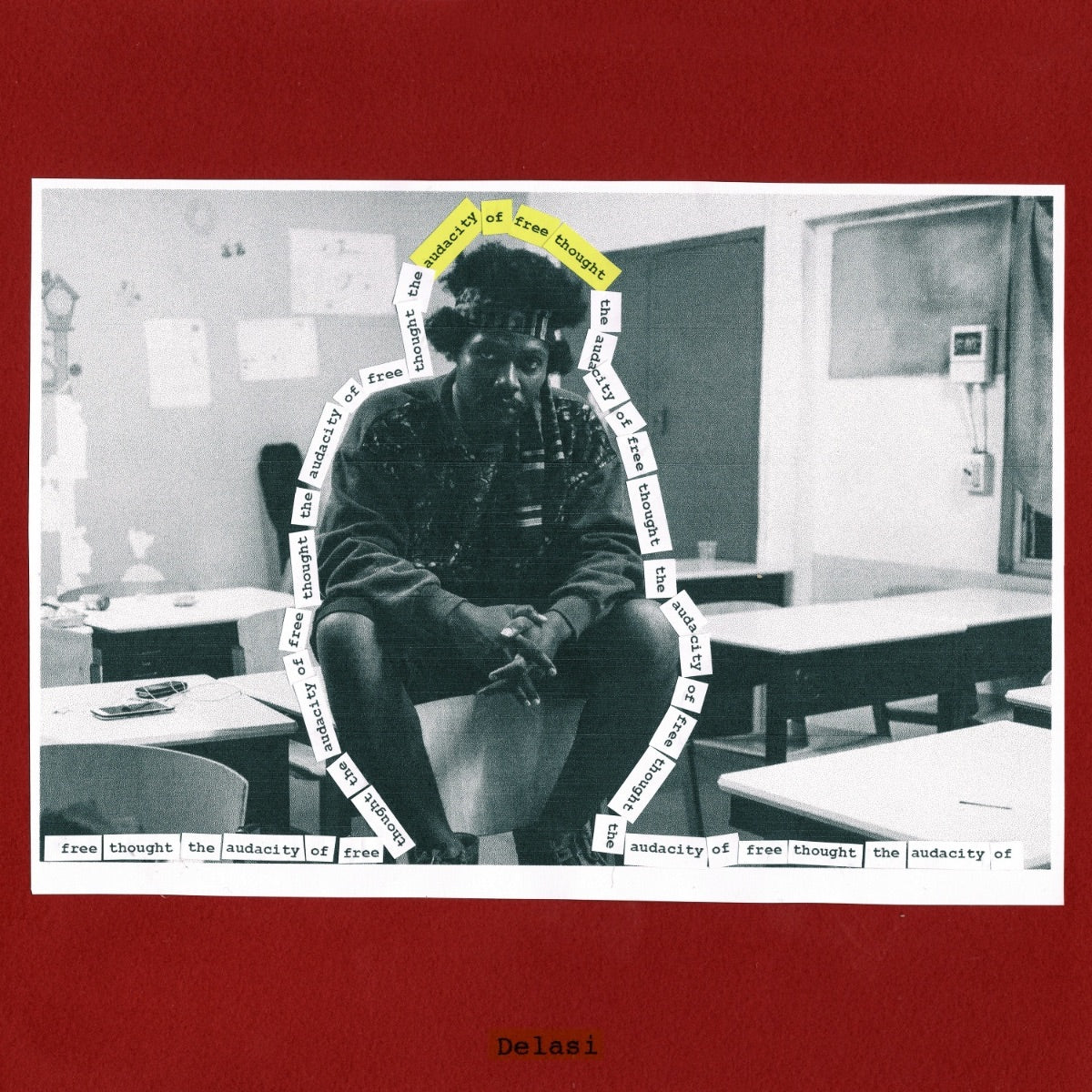 Vinyl record cover featuring a black and white portrait within a circular text design.