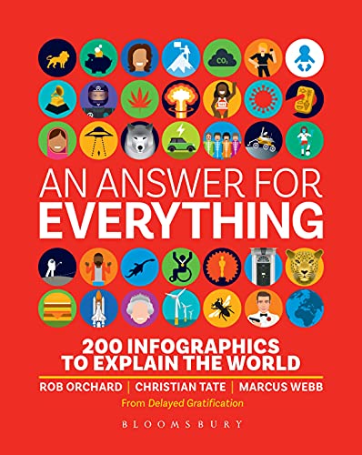 Book cover with a red background featuring many colorful circular icons and white text.