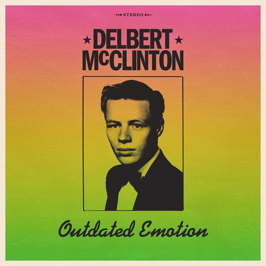 "Album cover with a black-and-white portrait of Delbert McClinton on a rainbow background."