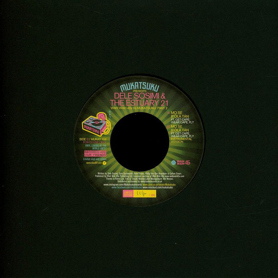 Black vinyl record label with colorful text and a central fruit graphic.