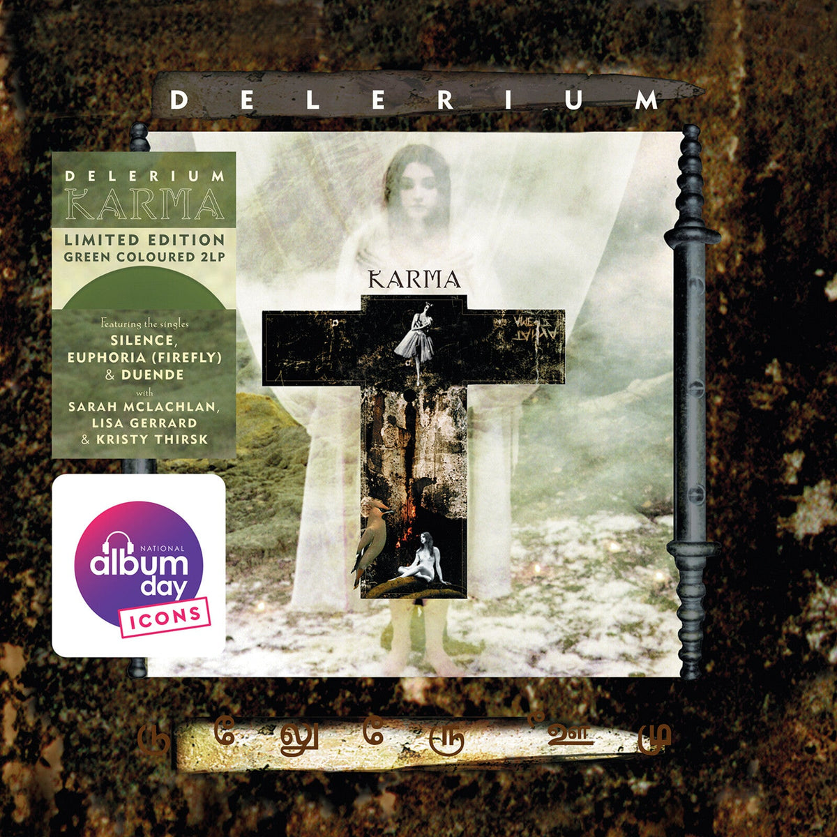 Delerium's "Karma" vinyl LP cover with a woman and cross imagery.