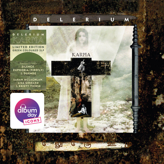 Delerium's "Karma" vinyl LP cover with a woman and cross imagery.
