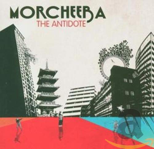 Morcheeba’s “The Antidote” CD cover with city skyline and abstract design.