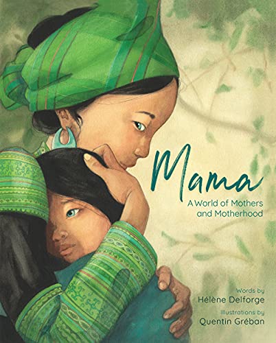 A mother in a green headscarf gently embraces her young child.