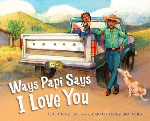Illustration of a father, child, and dog beside a blue pickup truck.