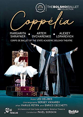 Blu-ray cover for ballet “Coppélia” featuring dancers in costume.