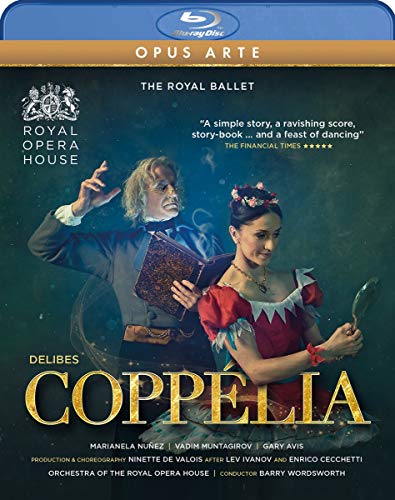 Blu-ray cover for The Royal Ballet's Coppélia featuring a man and a ballerina.
