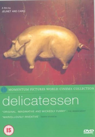 DVD cover for "Delicatessen" featuring a golden pig on red background.