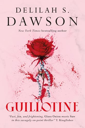 Book cover: "Guillotine" with a red rose and pearl necklace imagery.