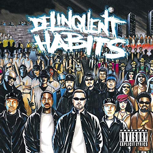 "Album cover art for 'Delinquent Habits' featuring a crowd of illustrated people."