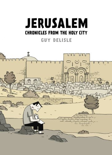 Book cover: illustrated Jerusalem cityscape with a seated figure drawing.