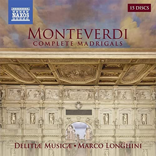 CD case for Monteverdi’s complete madrigals, featuring ornate Renaissance architecture.