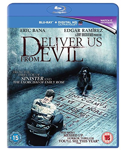 Blu-ray cover for horror film "Deliver Us From Evil" with a man and child.