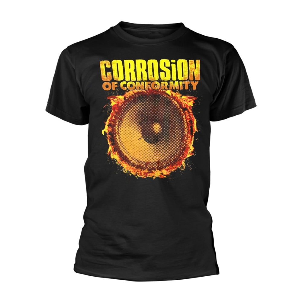Black t-shirt with "Corrosion of Conformity" band logo and speaker graphic.