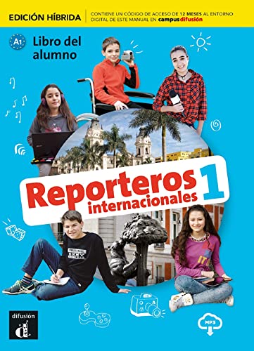 Spanish textbook cover with diverse students and global landmarks.