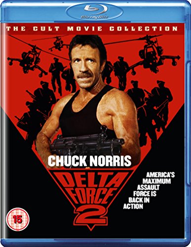 Blu-ray cover for "Delta Force 2" featuring Chuck Norris with a machine gun.