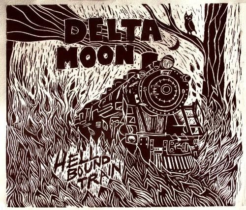 Black and white linocut of a train, owl, and stylized text.