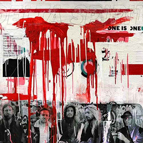 Album cover for Delta Spirit’s “One Is One” with red paint splatters and portraits.