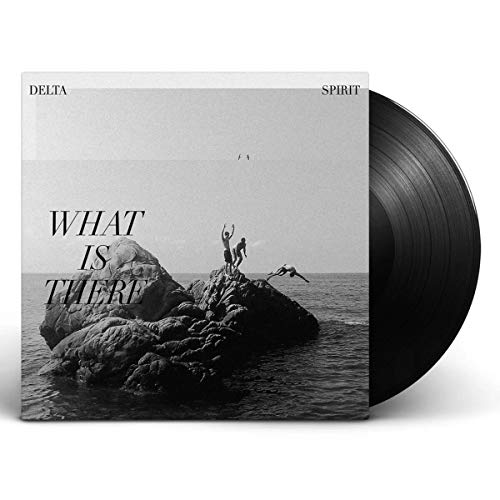 Black vinyl record with cover featuring a black-and-white image of a rocky island.