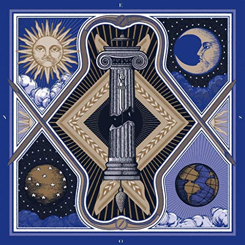 "Album cover art featuring a column surrounded by celestial bodies and abstract shapes."