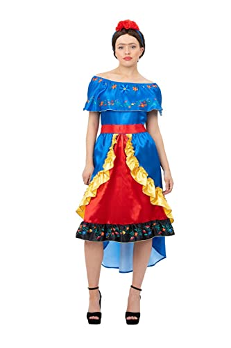 Woman in a colorful, traditional-style Frida Kahlo costume with floral headpiece.