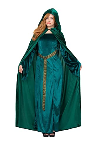 Woman wearing a long, hooded emerald green velvet cloak and dress.