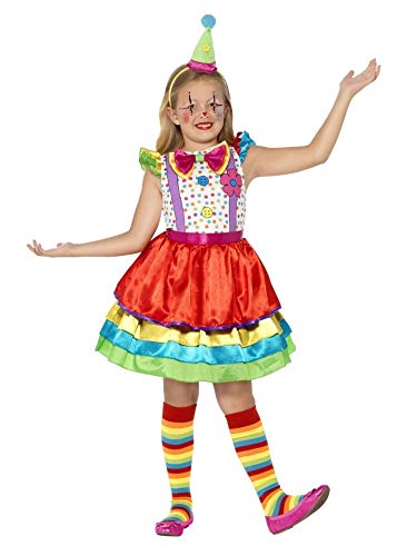 Girl in a colorful clown costume with a ruffled skirt and hat.