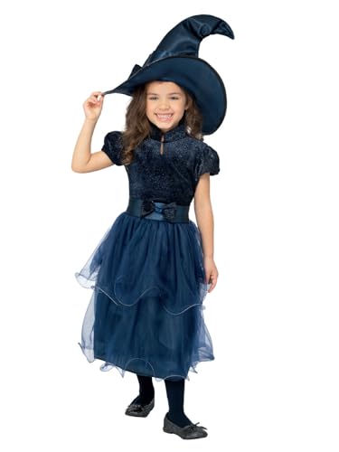 Girl wearing a blue witch costume with a pointed hat.