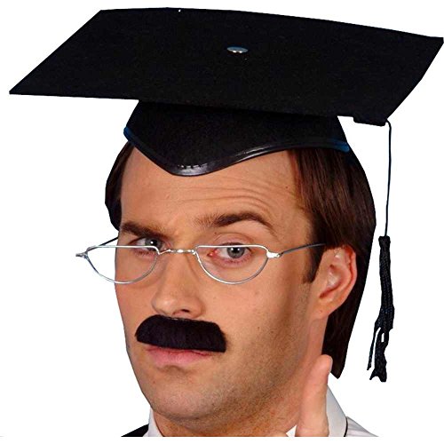 Black mortarboard graduation cap worn on a person's head.