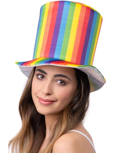 Woman wearing a tall top hat with rainbow stripes.