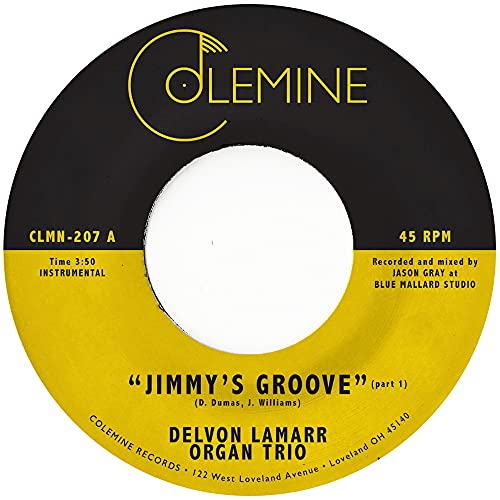 Yellow and black vinyl record label with “Jimmy’s Groove” and artist name.
