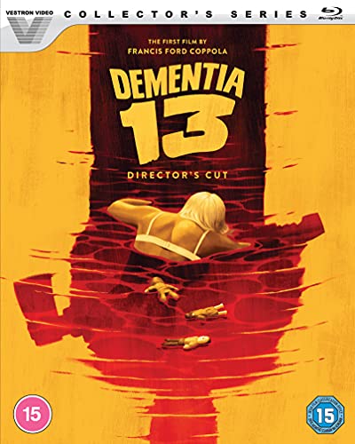 Blu-ray cover art for Dementia 13 showing a woman swimming in red water.