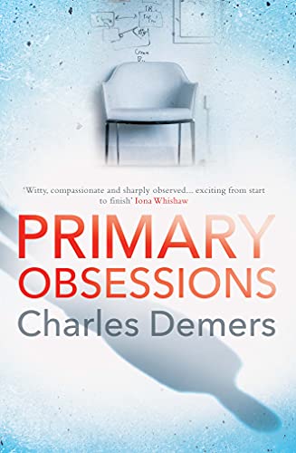 Book cover with large red text "PRIMARY OBSESSIONS" and a lone armchair.