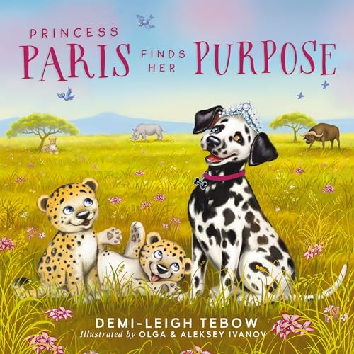 Dalmatian wearing a tiara with a leopard and lion in a field.