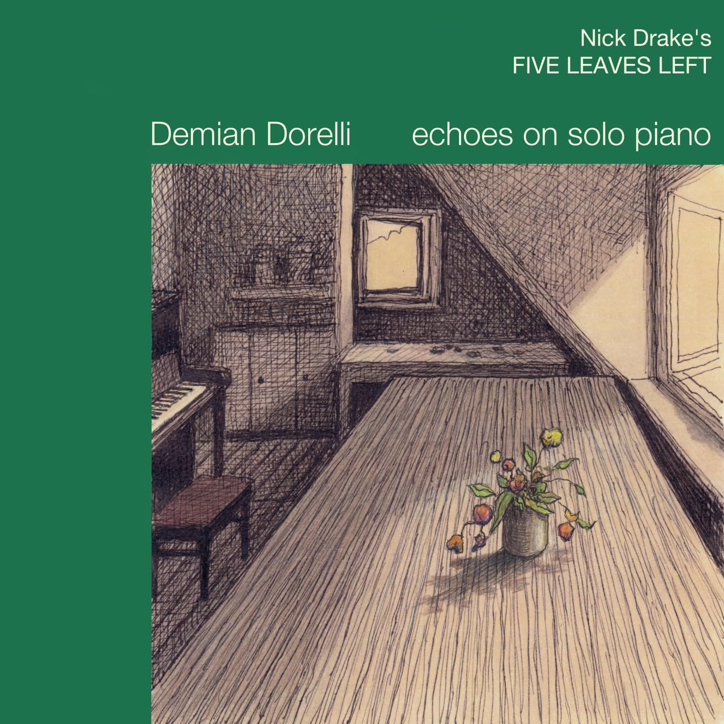 CD cover with sketched attic scene, piano, and vase of fruit.