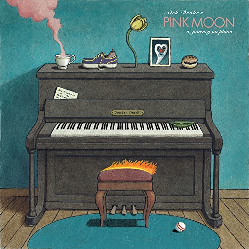 Illustration of a dark piano with objects on top, and a stool.