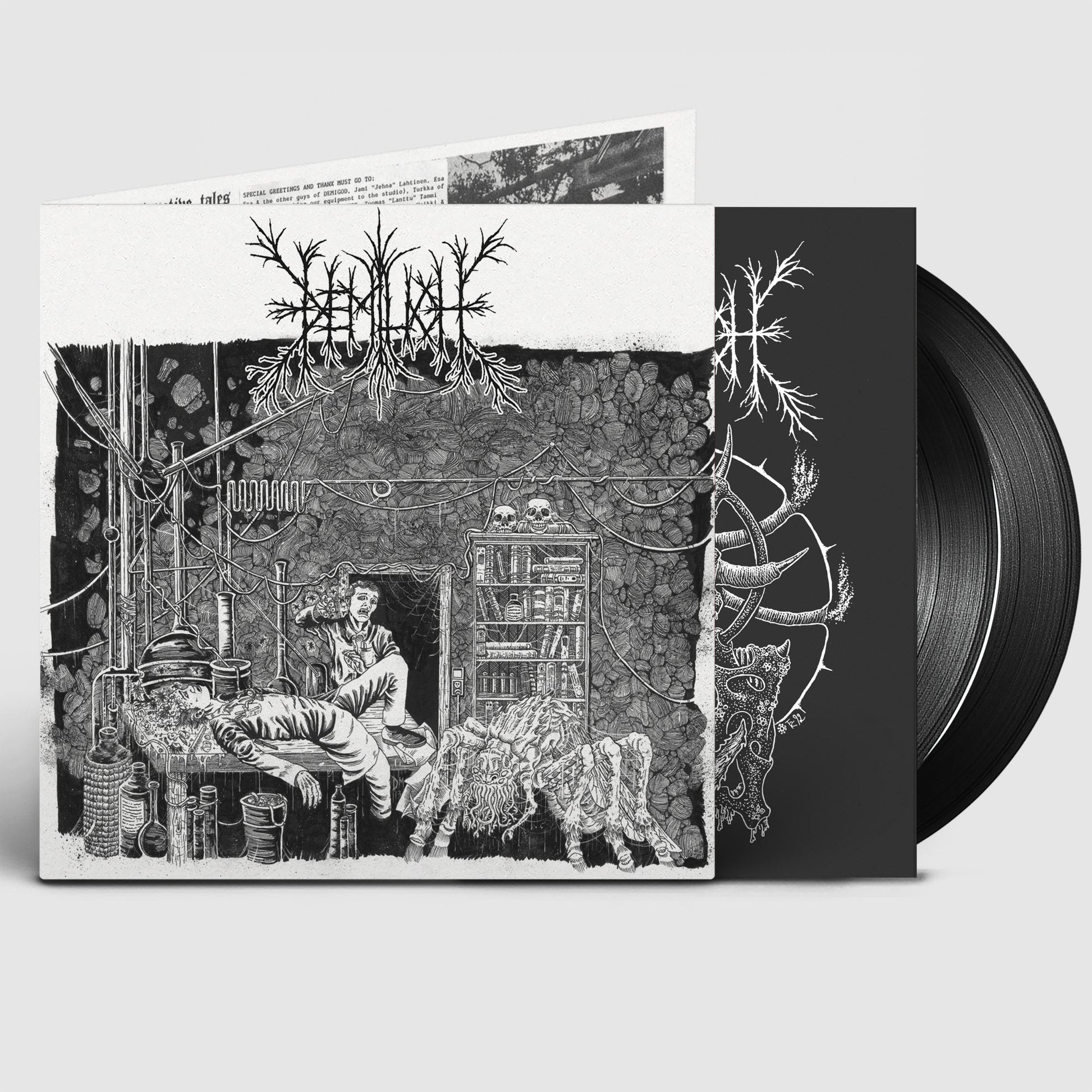 Vinyl record with detailed black and white illustration of a surreal scene.