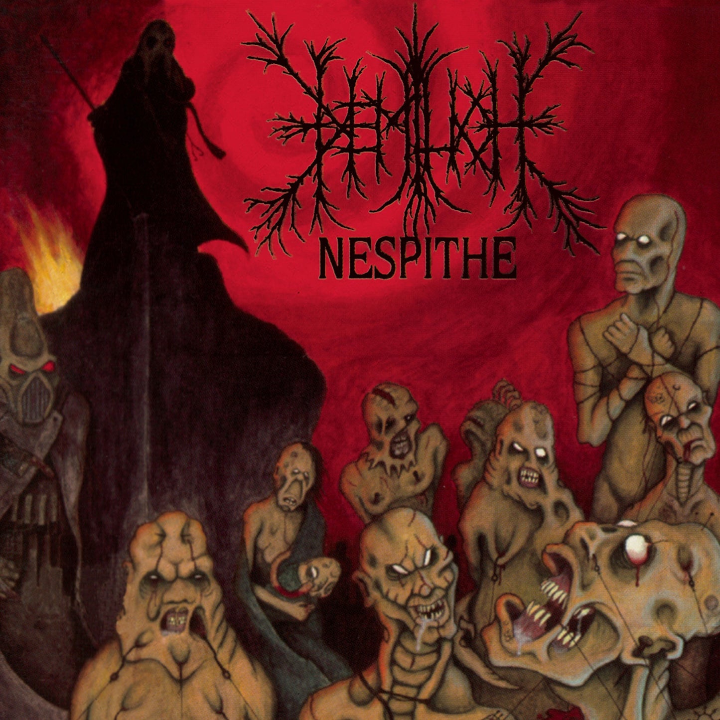 Dark fantasy album cover with skeletal figures and red background.