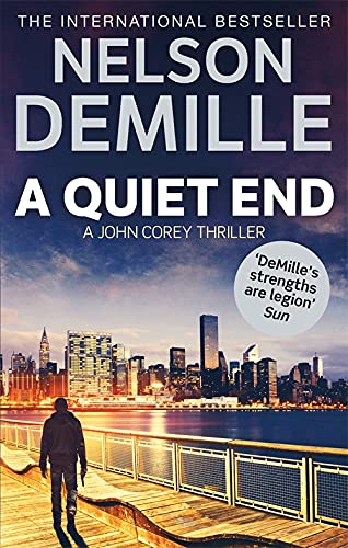 Book cover: man on pier, city skyline, dark blue and white text.