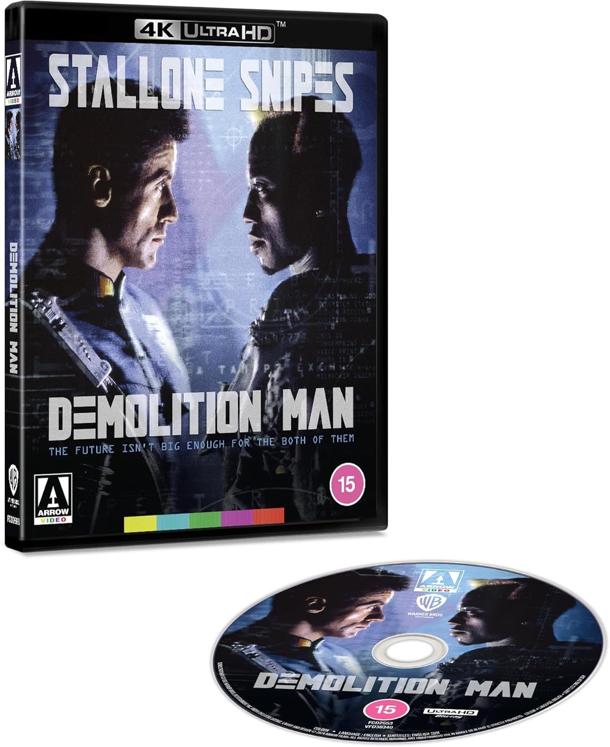 Demolition Man 4K Ultra HD Blu-ray case and disc featuring Sylvester Stallone and Wesley Snipes.