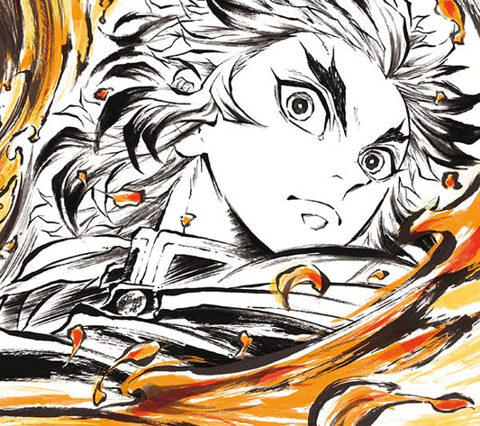 Tanjiro Kamado portrait with swirling orange and black ink splashes.