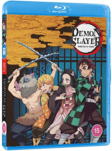 Blu-ray cover for “Demon Slayer” featuring four anime characters with swords.