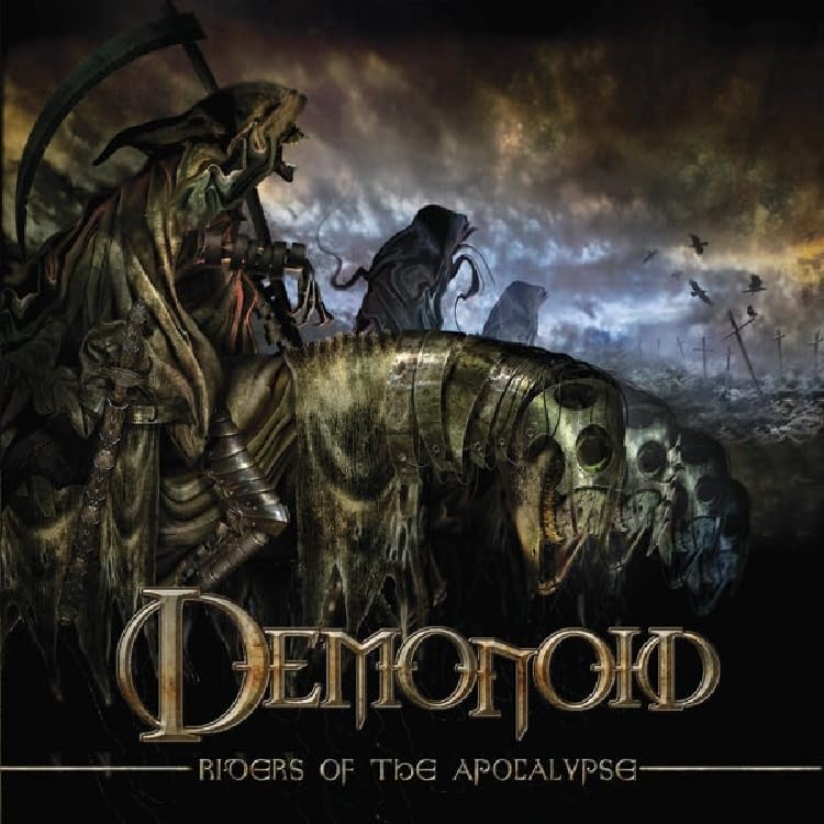Dark fantasy album cover featuring skeletal figures and a desolate landscape.