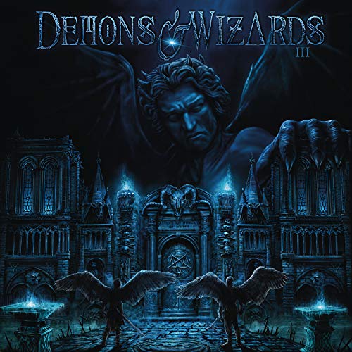Demons & Wizards" album cover with a castle, figures, and demonic hand.