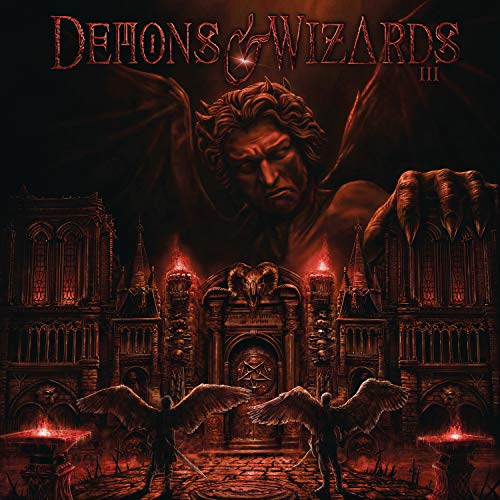 Red vinyl records with "Demons & Wizards III" album cover featuring dark, gothic artwork.