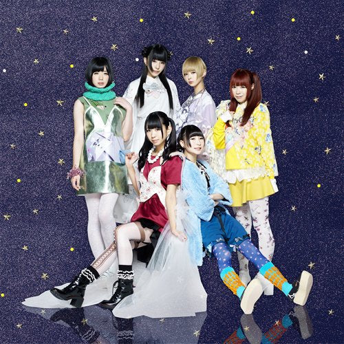 Five Japanese women in colorful, patterned outfits pose against a starry background.