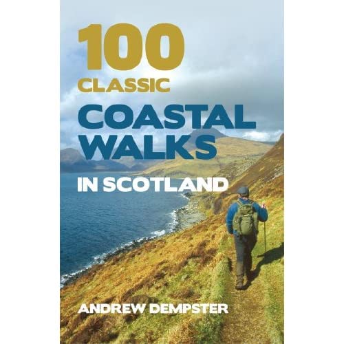 Book cover: "100 Classic Coastal Walks in Scotland" with a hiker.